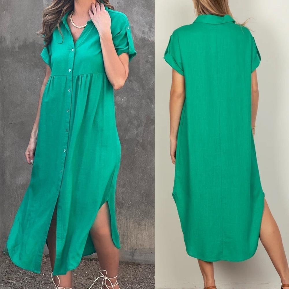 169. New Green Boutique Button Down Linen Midi Dress Small Medium and Large